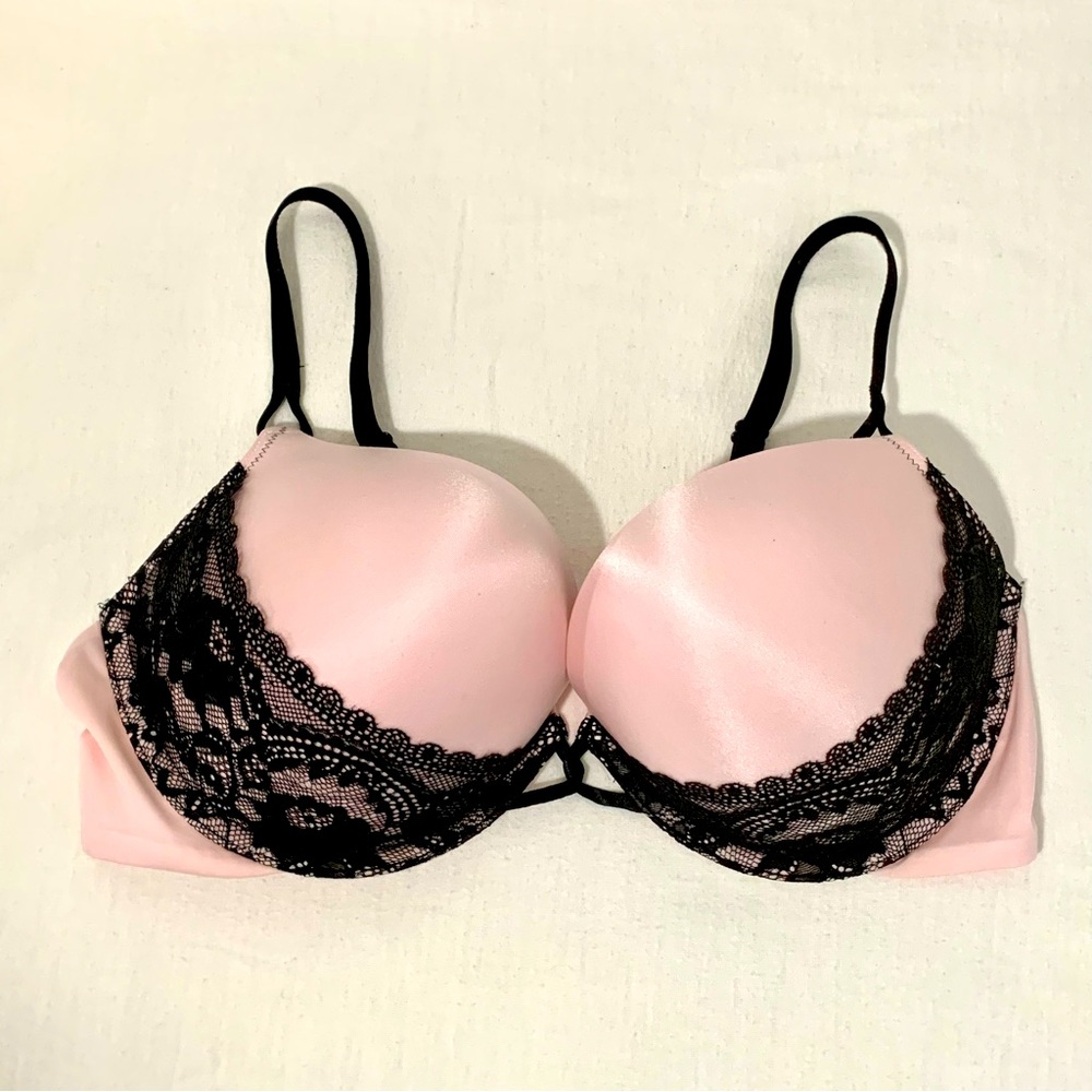 Victoria’s Secret Miracle Plunge Push Up Bra Pink & Black Lace